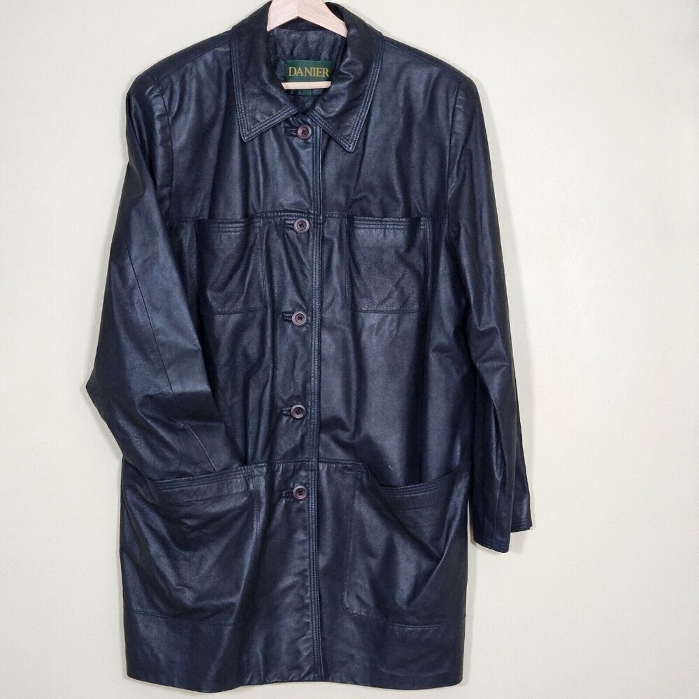 Danier Jacket Womens L Eggplant Purple Leather Pockets Buttons Lined Classic